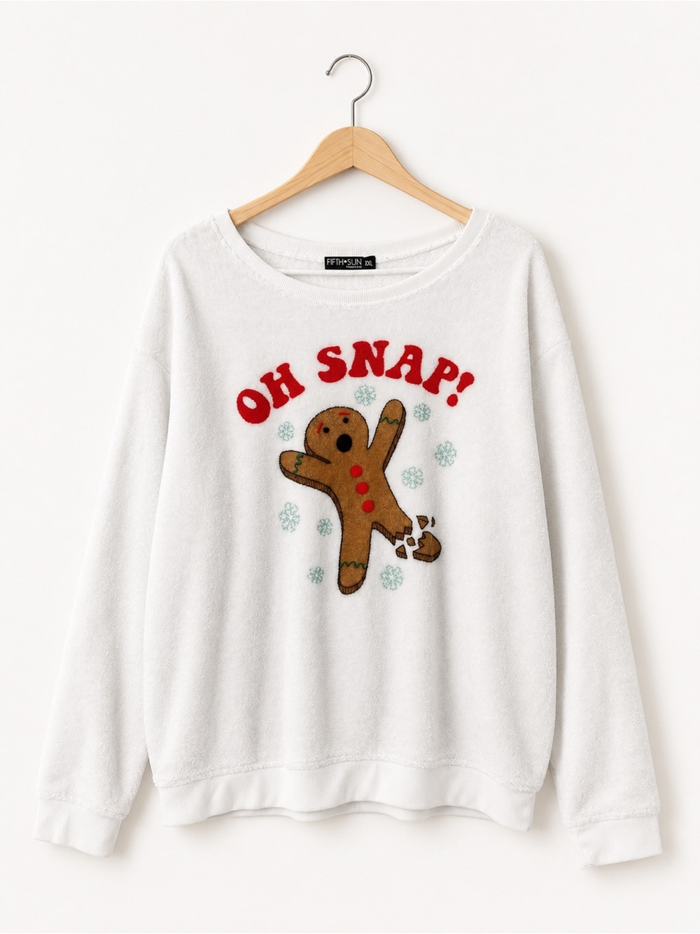 Fifth Sun White Crewneck Sweater with Gingerbread "Oh Snap!" Graphic